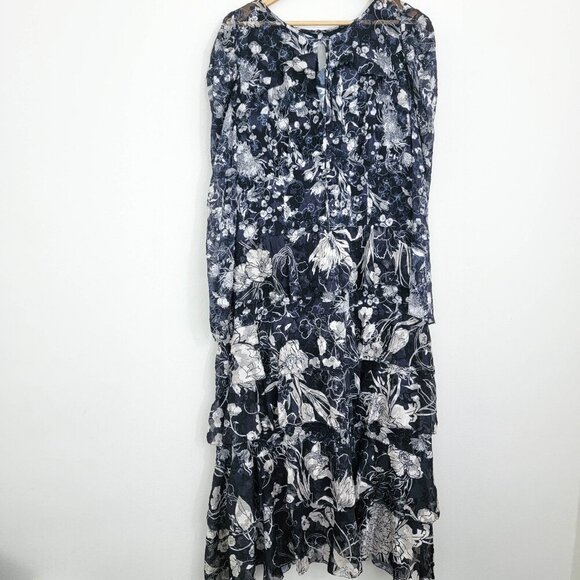 Marchesa Notte Floral-Print Tiered Midi Dress in Navy 14 - Picture 3 of 12